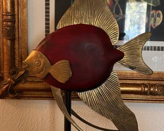 SPECIAL! wood and brass angel fish on stand, mid century modern