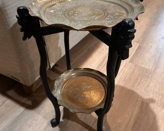 dragon etched 2 tier brass table with carved dragon and folding stand