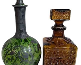 Green Brown Vintage Glass Decanters