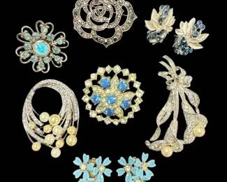 Blue Rhinestone Brooches Clipon Earrrings