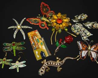 Vintage Green, Amber, Red Brooches Including Enamel Dragonfly Earring Set