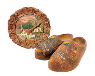 Wooden Belgian Clogs And And Decorative Plate