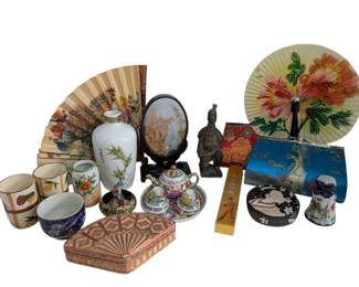 Asian Inspired Pottery Decor, Carved Cork Scene, Warrior Statue More