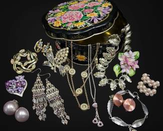 Pearlescent Rhinestone Costume Jewelry with Floral Tin