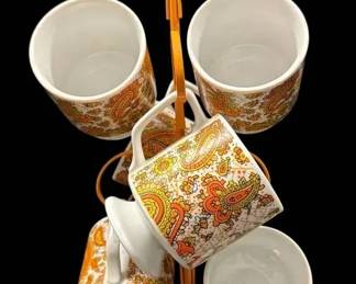 1970s Orange Paisley Mugs With Tree