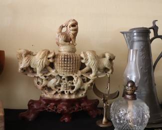 Vintage Hand Carved Soap Stone Foo Dogs Incense Burner With Lid