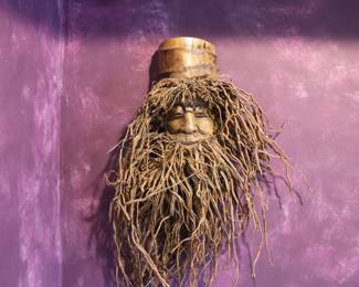 Chinese WOOD Carved BAMBOO ROOT MASK Bearded Man with Smiling Face Wall Hanging 