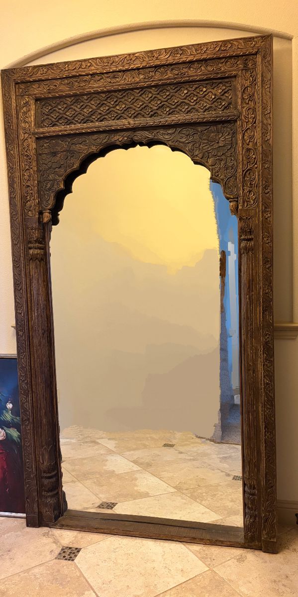 X-Large Carved Wooden Arch Mirror Vintage Moroccan