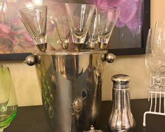 Vintage 1950s silver plated, vodka, service bucket, silver plated creamer, and sugar