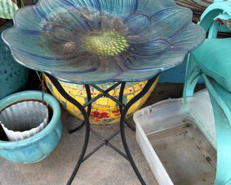 Blue Pansy Glass Birdbath 