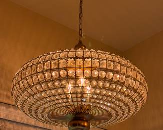 Retro French 4/5 light antique brass globe crystal chandelier