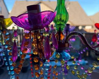 The Original Brink House Plug-in 4 Light Multicolor Hanging Swag Chandelier H17.5”xW15”, Red Metal Frame with Multicolor Glass Stem and Acrylic Crystals
