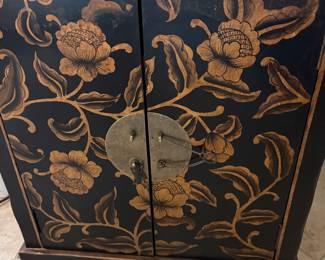 Vintage Asian Chest Pointed Black and gold with shelves and brass accessories