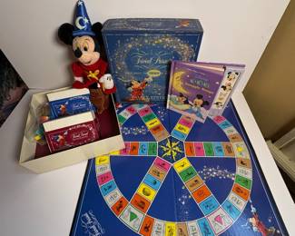Mickey Trivial Pursuit - all pieces appear to be new, Mickey Fantasia plush, and mickey song book