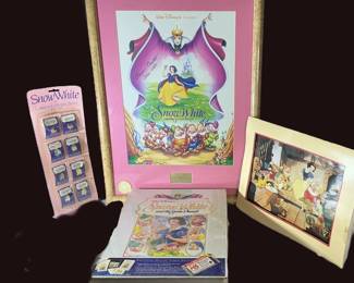 Signed limited edition framed Snow White poster, lithograph, character pins, and collectors set