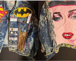 Marilyn and Pop Culture Jean Jacket front and back - unique wearable art straight out of 1980s NYC scene