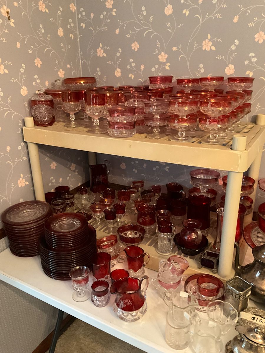 Complete set of Ruby Lane - priced separately but will sell as set + other clear glass & silver plate items