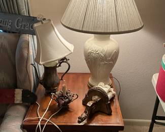 Side table with lamps & miscellaneous 
