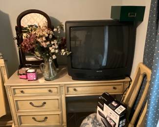 Desk, matching chair, TV & decor