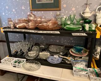 Clear dishes include Fostoria, platters, sets of glasses, serving ware for holidays, napkin rings & more!  All green items were tested & are uranium glass, pink dishes are either Anchor Hocking or Jeanette glass from 1930’s! 