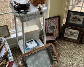 Wicker table, miscellaneous items including pictures - basket with metal relay at bottom