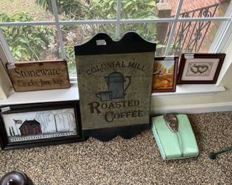 Plaques, pictures & vintage weight scale in green