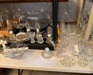 Some of the clear glass items include sugar & creamer sets in various patterns, perfume bottles including a set with tray & other items!