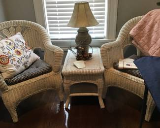 white wicker chairs and table, etc.