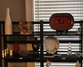 Porcelain, cloisonne', red cinnabar vase, bone napkin rings and figurines, Waterford, etc.