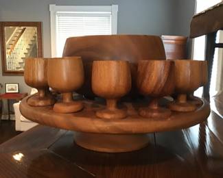 wooden lazy susan with punch bowl and goblets