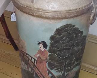 Antique milk can painted by Tommy Oriental lady crossing a bridge