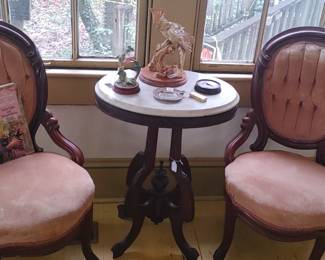 Authentic Victorian parlor chairs mahogany carved roses pink upholstery beautiful Eastlake marble top oval Center table