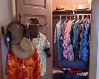 Large assortment of tropical shirts and hats