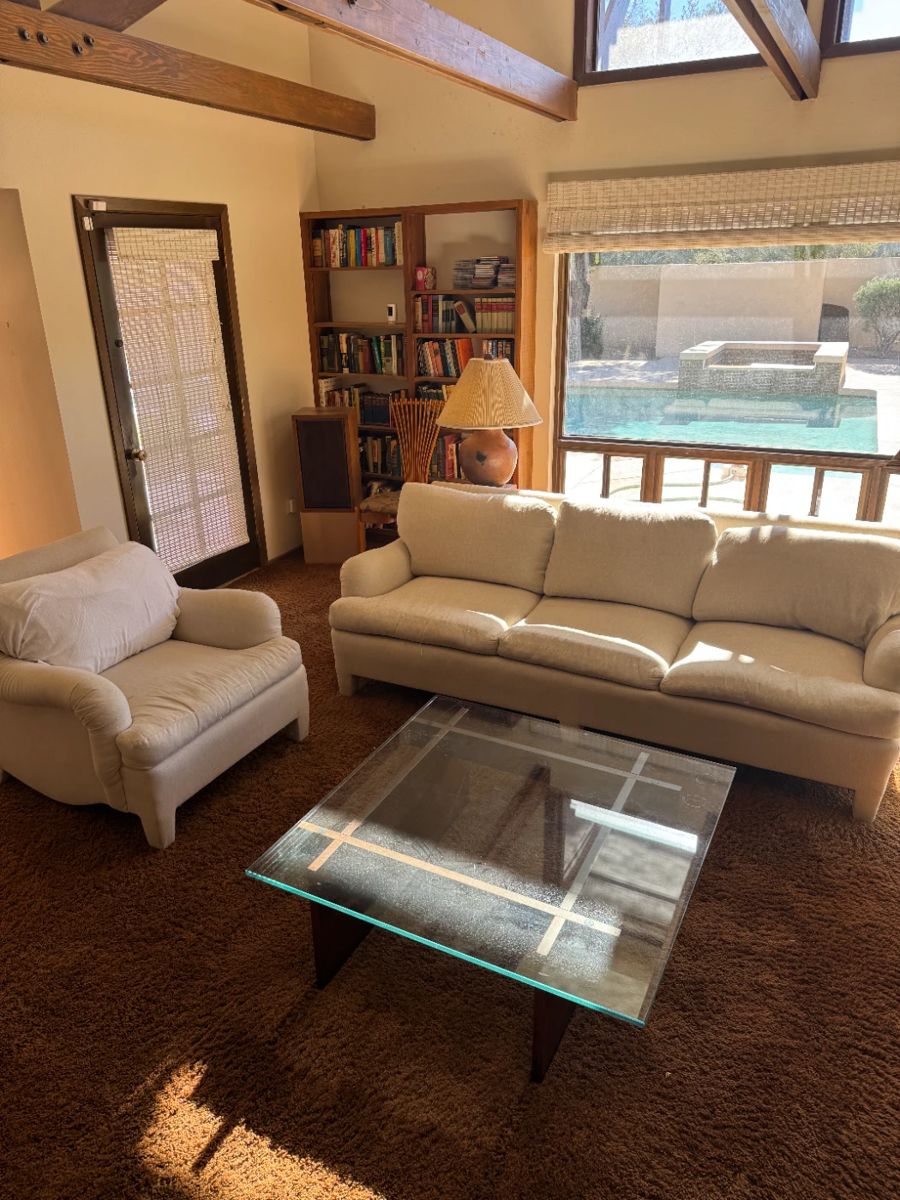 Sofa, chair, glass coffee table
