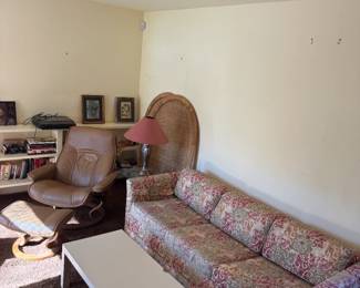 Pull out sofa, Leather recliner and footstool, coffee table