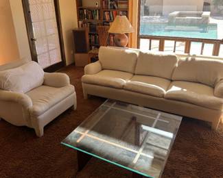 Sofa, chair, glass coffee table