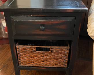 Dark Wood Accent Table with Woven Basket
