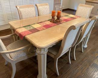 Expanding Rectangular White Washed Formal Dining Table with 6 Upholstered Chairs