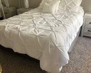 Queen Bed Set – Modern White Pintuck Comforter + Mattress & Box Spring – Clean & Comfortable