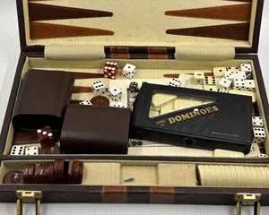Vintage Backgammon Case with Dice Dominoes Cups Checkers Complete Game Set Brown