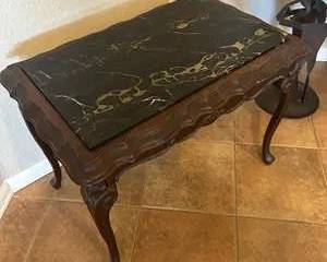Vintage French Provincial Side Table – Carved Wood w/ Black Marble Top