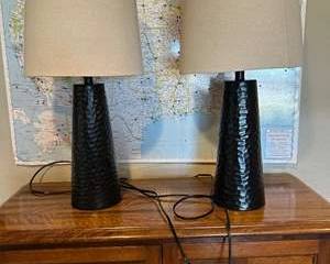 Pair Modern Black Hammered Metal Table Lamps w/ Linen Shades – Working