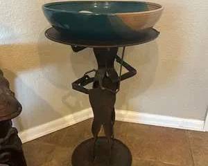 Metal Sculptural Pedestal Stand w/ Ceramic Bowl – Rustic Art Decor