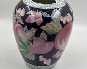 Chinese WBI Porcelain Vase Peaches Fruit Floral Design Blue White Border Marked 918