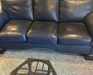 Real Leather Sofa – Rolled Arms, Navy Blue, Excellent Condition (88”)