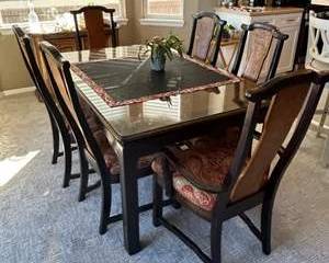Wood Dining Table w/ 6 Chairs – Paisley Upholstery, Classic Traditional Set