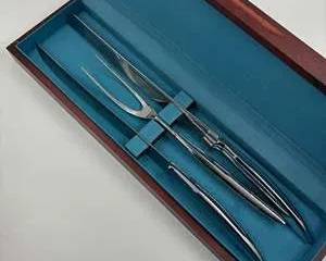 Soladigm Stainless Carving Set Knife Fork and Sharpener in Wood Case Vintage USA Made