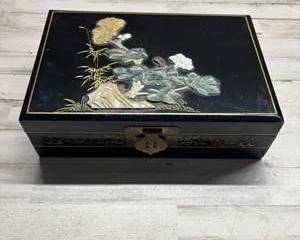 Vintage Asian Lacquer Jewelry Box Carved Floral Inlay Black Gold Trim Turquoise Lined Mirror