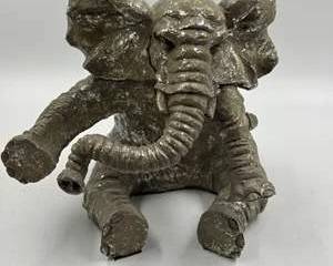 Vintage Elephant Figurine Sculpture Sitting Pose Decorative Art Gray Finish Damage on Tail