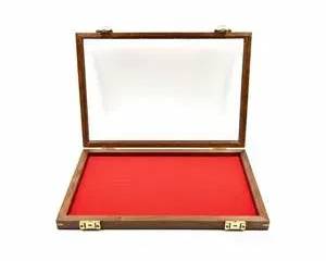 Wood Display Case with Glass Top Red Felt Liner Knife Coin Jewelry Collectible Presentation Box